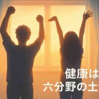 朝の柔らかな光が差し込む部屋で、30代の男女がシルエットで伸びをしている様子を描いたアニメ風イラスト。暖色と淡い青を基調とした爽やかな空気感で、健康と前向きな生活習慣を象徴するイメージ。右下には『健康は六分野の土台。』の文字入り。