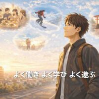 新年の朝の街並みの中で前向きな表情を浮かべる日本人美容師が、仕事とプライベートのバランスを大切にする1年の始まりを象徴しているアイキャッチ画像