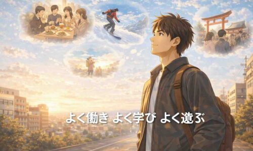 新年の朝の街並みの中で前向きな表情を浮かべる日本人美容師が、仕事とプライベートのバランスを大切にする1年の始まりを象徴しているアイキャッチ画像