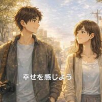 朝の街並みの中で、男性と女性がお互いに小さな幸せに気づき、自然に微笑み合っている様子を描いた、温かく穏やかなアイキャッチ画像