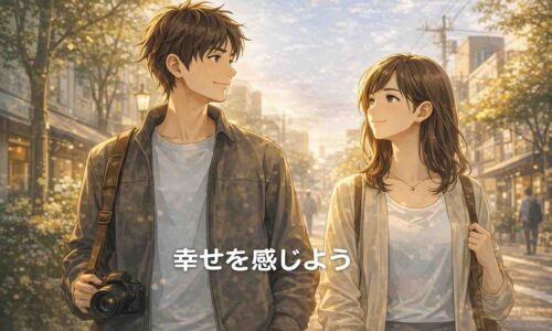 朝の街並みの中で、男性と女性がお互いに小さな幸せに気づき、自然に微笑み合っている様子を描いた、温かく穏やかなアイキャッチ画像