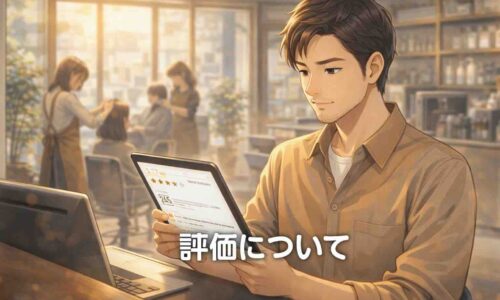 口コミ評価を前にしながらも、数字ではなく人との信頼を大切にする姿勢を表現したアイキャッチ画像