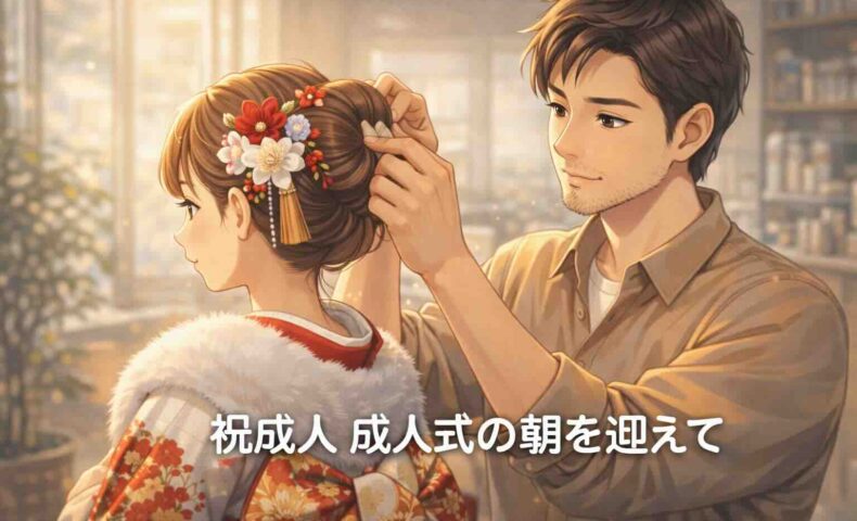 成人式の朝、父親である美容師が振袖姿の娘の髪を丁寧にアップにしている様子。柔らかな自然光に包まれた室内で、成長を祝福しながら見守る親子の温かな時間を描いたアニメ風イラスト。