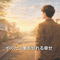 朝の街並みの中で前を向いて歩き出す日本人男性の後ろ姿。今できる一歩を踏み出すことの大切さと、やりたい事をやれる幸せを象徴したイラスト。