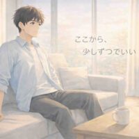 朝の光が差し込むリビングで、ソファに腰掛けながら前を見つめる30代男性。落ち込みから立ち直ろうとする内省的で前向きな雰囲気のイラスト。