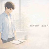 明るい室内で立ち止まり、ノートを前に静かに考え事をしている30代男性。何を頑張るかを整理している時間を表現したアニメ風イラスト。