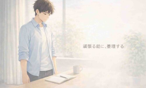 明るい室内で立ち止まり、ノートを前に静かに考え事をしている30代男性。何を頑張るかを整理している時間を表現したアニメ風イラスト。