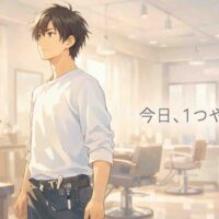 朝の光が差し込む静かな美容室で、開店前に立ち上がり決意を込めた表情で前を見据える20代日本人男性のアニメ風イラスト。「今日、1つやる」というテーマを表現