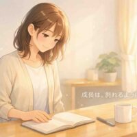 自然光が差し込む明るい室内で、20代の日本人女性がデスク横に立ち、開いたノートを静かに確認しているアニメ風イラスト。落ち着いた表情で成長を振り返る穏やかな雰囲気。