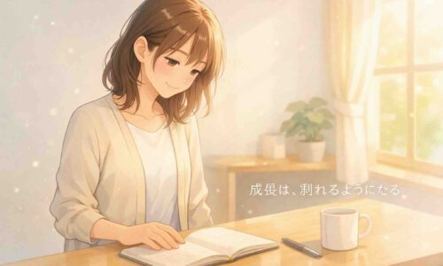 自然光が差し込む明るい室内で、20代の日本人女性がデスク横に立ち、開いたノートを静かに確認しているアニメ風イラスト。落ち着いた表情で成長を振り返る穏やかな雰囲気。