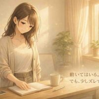 朝のやわらかな自然光が差し込む明るい室内で、20代の日本人女性がデスク横に立ち、開いたノートを穏やかな表情で確認しているアニメ風イラスト。行動を振り返り、成長の方向を静かに見直している時間を表現している。