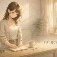 朝の自然光が差し込む明るい室内で、20代の日本人女性がデスク前に立ち、ノートを閉じて静かに考え事をしているアニメ風イラスト。行動のズレに気づき、次に進む前に整理と選び直しをしている落ち着いた時間を表現している。