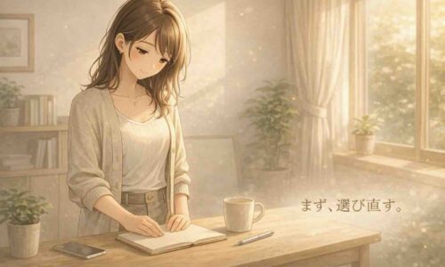 朝の自然光が差し込む明るい室内で、20代の日本人女性がデスク前に立ち、ノートを閉じて静かに考え事をしているアニメ風イラスト。行動のズレに気づき、次に進む前に整理と選び直しをしている落ち着いた時間を表現している。