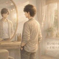 自然光が差し込む美容室で、40代の日本人男性が鏡越しに静かに自分を見つめているアニメ風イラスト。人生を振り返り、若い頃に伝えたかった想いを表現している。