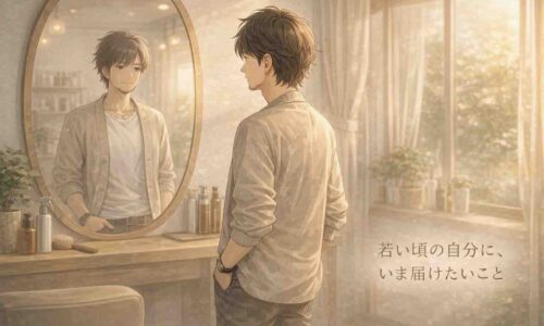 自然光が差し込む美容室で、40代の日本人男性が鏡越しに静かに自分を見つめているアニメ風イラスト。人生を振り返り、若い頃に伝えたかった想いを表現している。