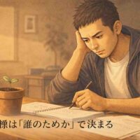 若い美容師が独立を目指して目標を書き出している様子。小さな芽が出た鉢植えが置かれたテーブルで将来の美容室開業を考えるアニメ風イラスト。 「理念の芽」を強調したいなら、さらに意味を込めることもできます。 どの方向に寄せますか？