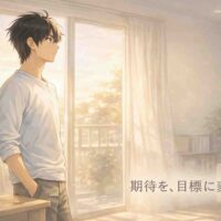 夕方の光が差し込む室内で、窓の外を見つめながら静かに考える30代男性。期待を目標に変える決意を象徴するイラスト。