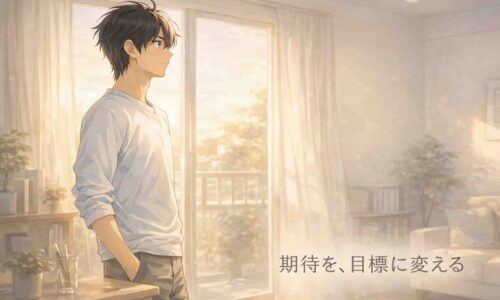 夕方の光が差し込む室内で、窓の外を見つめながら静かに考える30代男性。期待を目標に変える決意を象徴するイラスト。