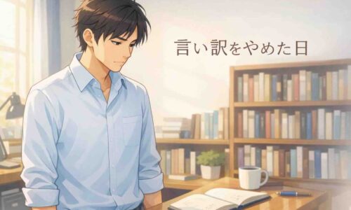 朝の自然光が差し込む勉強部屋で、シャツ姿の30代日本人男性がノートを前に静かに考えているアニメ風イラスト。内省と決意を感じさせる雰囲気。