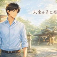 朝の光が差し込む神社の境内で穏やかな表情を浮かべる30代男性。未来を先に祝うという予祝の思想を象徴するイラスト。