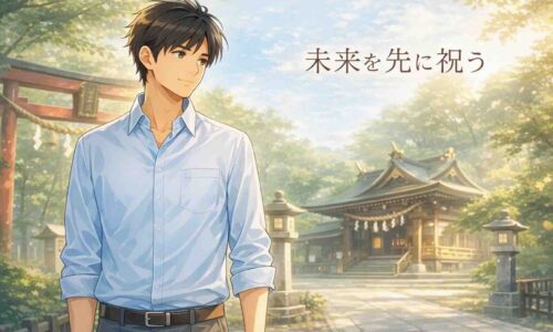 朝の光が差し込む神社の境内で穏やかな表情を浮かべる30代男性。未来を先に祝うという予祝の思想を象徴するイラスト。