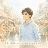 朝の自然光が差し込む商店街で、穏やかな表情で人と会話する30代男性のアニメ風イラスト。感謝の気づきを象徴する落ち着いた雰囲気。