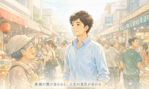 朝の自然光が差し込む商店街で、穏やかな表情で人と会話する30代男性のアニメ風イラスト。感謝の気づきを象徴する落ち着いた雰囲気。