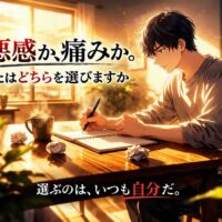 ノートを前に決意を固める若い男性。朝の光が差し込む室内で、罪悪感か痛みかの選択を象徴するイラスト。