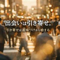 夕方の駅前広場で多くの人々が行き交う中、中央に立つ30代日本人男性が穏やかな表情で人の流れを見つめている。やわらかな光に包まれ、「出会いは偶然じゃない」というテキストが重ねられたアニメ風イラスト。
