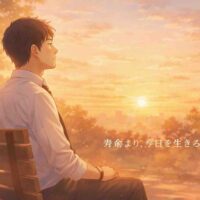 夕焼けの公園でベンチに座る30代男性が穏やかに空を見上げているアニメ風イラスト。「寿命より、今日を生きる」というメッセージが添えられている。