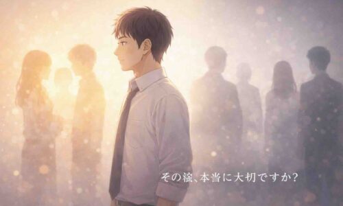 光に包まれた人影と薄暗い人影の間で、自分にとって大切な縁を考える男性のアニメ風イラスト