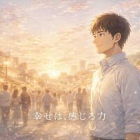 夕方の街並みを背景に、穏やかで満たされた表情の男性が立っている幸せを象徴するイラスト