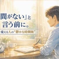 朝の光の中で時間と向き合う男性のイラスト