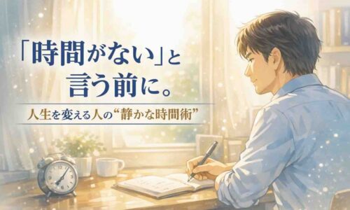 朝の光の中で時間と向き合う男性のイラスト