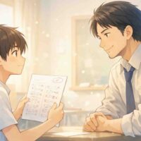 テスト結果を前に先生と向き合う少年のイラスト