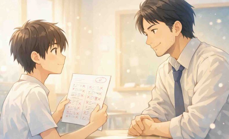 テスト結果を前に先生と向き合う少年のイラスト