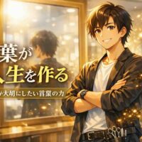 言葉遣いが未来をつくるというテーマのブログアイキャッチ。言霊や前向きな言葉が人生に影響することを表現したイラスト。