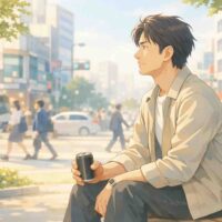 夕暮れの光の中で静かに立ち止まり考える男性のイラスト