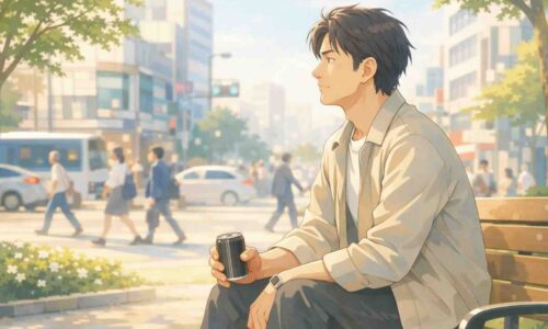 夕暮れの光の中で静かに立ち止まり考える男性のイラスト