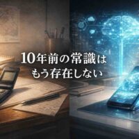 10年前のガラケーと現代のスマートフォンを対比した、時代の変化を表すブログアイキャッチ ジン、このテーマかなりいいので