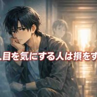 周囲の目を気にして動けない男性を描いたイラスト。気にしすぎることで人生の行動が止まってしまう様子を表現した。