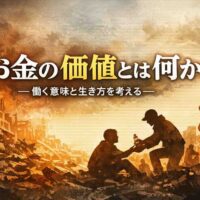 お金の価値とは何かを問いかけるイラスト。 震災の風景と助け合う人々の姿、そして光の中に立つ一人の人物が未来を見つめている。 お金よりも人の想いと行動の価値を表現したビジュアル。
