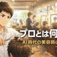 営業中の明るい美容室でカットをする男性美容師ジンのイラスト。AI時代のプロのあり方をテーマにしたブログアイキャッチ