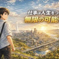 未来の社会を見渡す高台に立つ若者のアニメ風イラスト。仕事が人生をつくるというテーマを象徴し、希望と無限の可能性を表現したビジュアル。