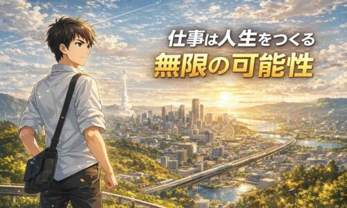 未来の社会を見渡す高台に立つ若者のアニメ風イラスト。仕事が人生をつくるというテーマを象徴し、希望と無限の可能性を表現したビジュアル。