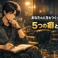 夜の静かな美容室で、営業後にノートを開きながら自分の思考や習慣について考える日本人美容師の男性。柔らかい間接照明の中で人生をつくる「5つの癖」について思索している様子のアニメ風セミリアルイラスト。
