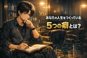 夜の静かな美容室で、営業後にノートを開きながら自分の思考や習慣について考える日本人美容師の男性。柔らかい間接照明の中で人生をつくる「5つの癖」について思索している様子のアニメ風セミリアルイラスト。