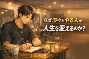 夜の美容室でノートに向かい習慣について考える美容師。淡々と続けることで人生が変わることを表現したイラスト。