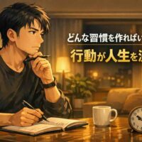 夜のリビングで左を向きながらノートに向かい、習慣と目標について考える男性のイラスト。静かな内省の時間を表現。