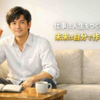 朝の明るいリビングで白シャツの男性がソファに座り、手帳とコーヒーを前に右手を上げて「よし、やるぞ」と決意している様子のイラスト。未来に向かって行動を始める前向きな瞬間を表現している。